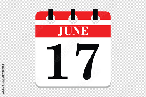 17 June Calendar icon vector, 17 dates of June month calendar icon, dates of June 17 icon calendar, vector calendar icon.