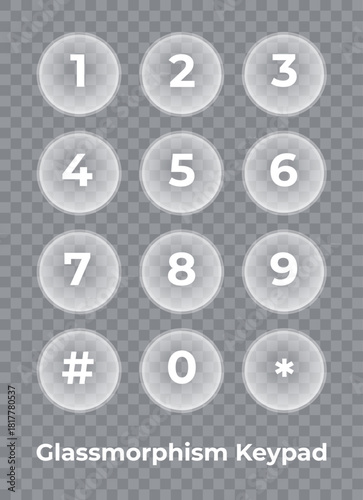 A glassmorphism keypad with numbers 0-9, asterisk, and hash symbol on a transparent grid background.