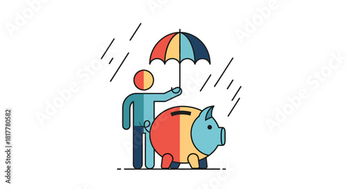 Person protects piggy bank with umbrella from rain representing financial security and savings during economic uncertainty, symbolizing safety and protection.