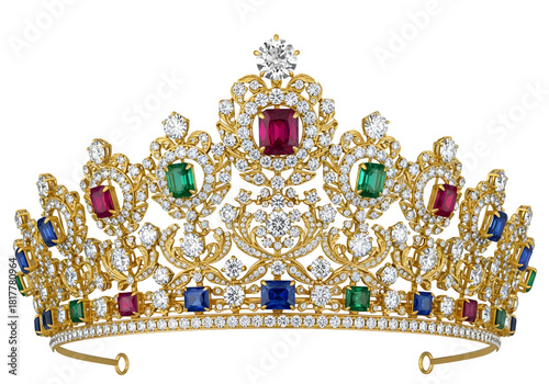 Ornate Golden Tiara Adorned with Sparkling Diamonds Emeralds Rubies and Sapphires on a Black Background Representing Royalty Wealth and Luxury