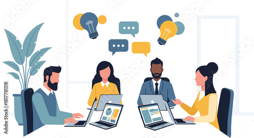 Diverse team collaborating on laptops in modern office brainstorming ideas and solutions for business growth with positive and collaborative atmosphere.