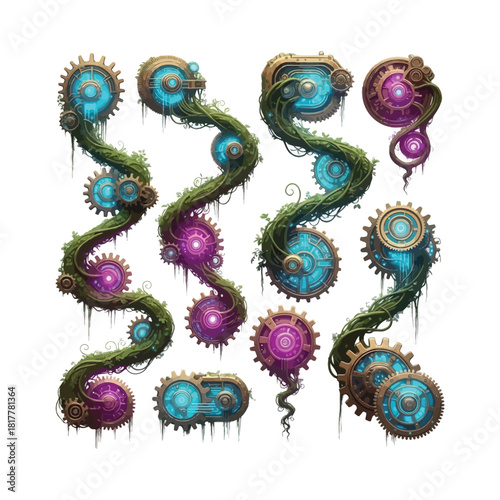 Steampunk fantasy organic elements with gears and glowing orbs isolated on white background