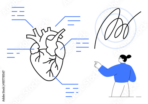 Annotated heart diagram with highlighted details, gesturing woman pointing at abstract scribble. Ideal for medical science, anatomy, health education, conceptual studies, diagnostics, creativity, art