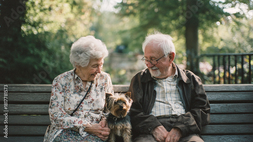 Elderly Couple Sitting on Park Bench with Dog in Serene Setting