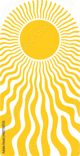Retro groovy abstract sun background. Abstract yellow sun designs in retro groovy style. Stripes sunburst rotating motion. Vintage radial texture.