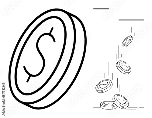 Stack of coins with prominent dollar signs in motion, symbolizing money falling, loss, or distribution. Ideal for finance, investment, budget, economy wealth savings commerce. Simple flat metaphor