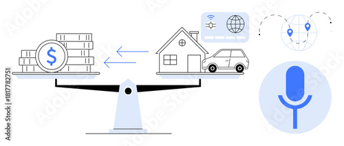 Scales balancing money with home and car as digital elements thumbs up GPS, internet, and voice command suggest connectivity. Ideal for finance, technology, real estate, decision-making