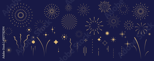 set of firework and star icon for party celebration happy new year