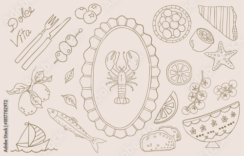 Vintage line sardines, lobster on plate, fruit bowl collection set in retro cartoon vector illustration style for summer party fashion design