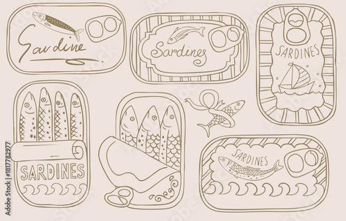Vintage line open canned sardines collection set in retro cartoon vector illustration style for summer party fashion design