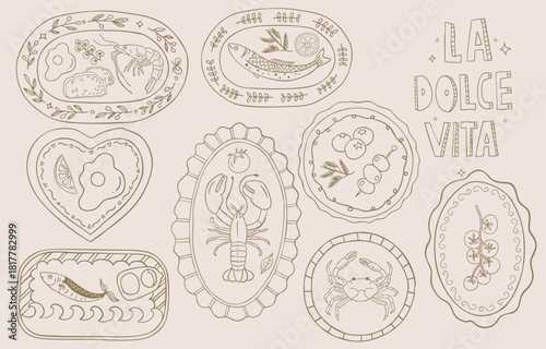 Vintage line sardines, lobster on plate, fruit bowl collection set in retro cartoon vector illustration style for summer party fashion design