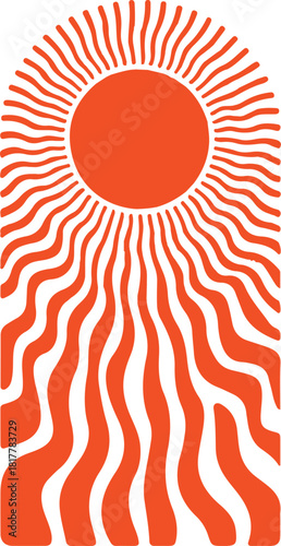 Retro groovy abstract sun background. Abstract orage sun designs in retro groovy style. Stripes sunburst rotating motion. Sunburst vector.