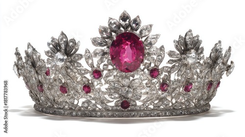 A detailed view of a jeweled crown with diamonds and a pink gemstone on a white background