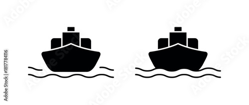Ship silhouette icon, cargo vessel front view on waves, nautical vector