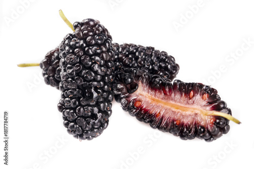 Fresh Black Mulberries with Purple Interior - Sweet Summer Fruit on White Background