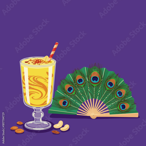 Golden Summer Drink and Majestic Peacock Fan A Vibrant Feast