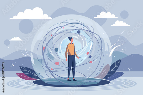 Conceptual artwork showcasing a woman standing in a whimsical landscape, surrounded by swirling lines and abstract elements, creating a serene atmosphere