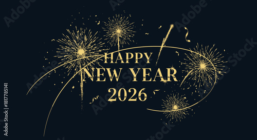 Festive New Year's greeting with golden fireworks and celebratory text for 2026.