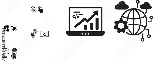 Laptop with rising digital arrow and code lines in modern vector eps technology growth illustration.