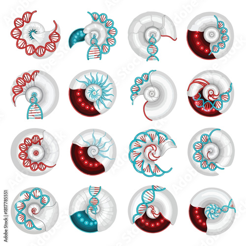 Collection of dna helix symbols in circular abstract designs isolated on white background