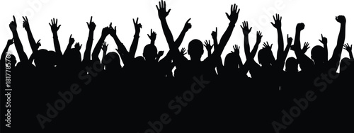 Black silhouette of people cheering enthusiastically with hands raised and diverse gestures, celebrating concert, music, party, or public event.