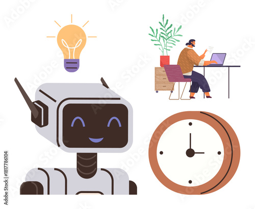 Smiling robot with a glowing lightbulb above, professional working remotely at desk, large analog clock. Ideal for AI, innovation, remote work, time planning, productivity, creativity futuristic