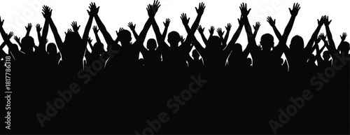 Cheering concert crowd silhouette with hands raised against white background, celebrating music festival, party, victory, or passionate audience event.