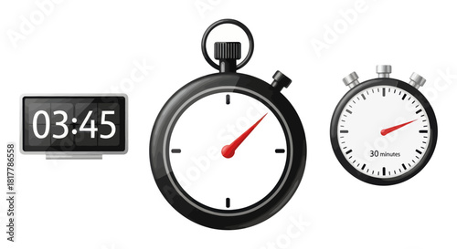 Different time measuring methods represented by three types of clocks are displayed