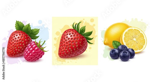 Sweet Summer Berries and Zesty Lemon Fruit Collection Illustration