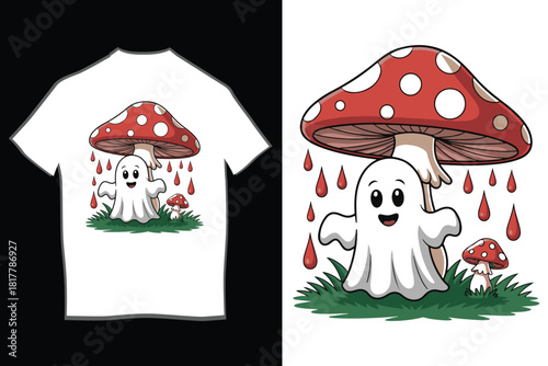 Cute cartoon ghost character standing under a magical red and white spotted mushroom with dripping details, on a bed of green grass and a smaller toadstool.