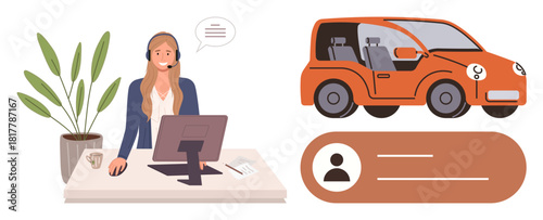 Customer support agent with headset at a desk, orange car illustration, and user profile card. Ideal for transportation, car rental, ride-sharing, customer service, logistics, communication digital