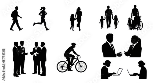 Collection of diverse silhouette figures depicting various activities and professions