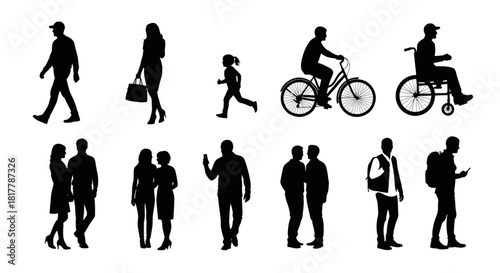Diverse silhouettes of people in various activities showcase community and mobility
