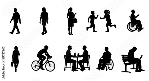 Silhouettes of diverse people engaged in various activities depicting everyday life scenarios