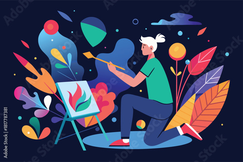 Creative artist creating abstract art with vibrant colors and modern flair, ideal for design projects, illustrating imagination and artistic expression
