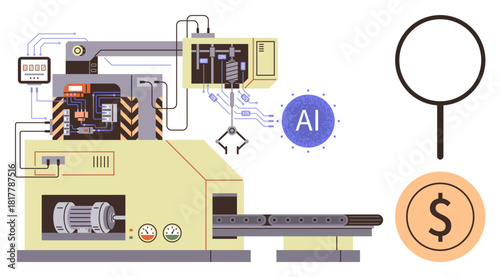 Industrial machine with robotic arm, conveyor, AI label, magnifying glass, and dollar symbol. Ideal for technology, automation, AI, manufacturing industrial process cost analysis innovation