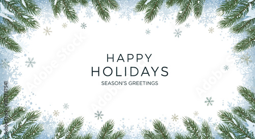 Festive holiday greeting card with green fir branches, snowflakes, and snow on a white background.
