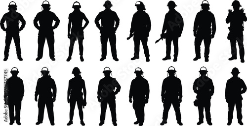 Silhouette collection of construction workers in helmets with tools, industrial laborers in uniform, vector illustration isolated on white background for safety, labor, and engineering design