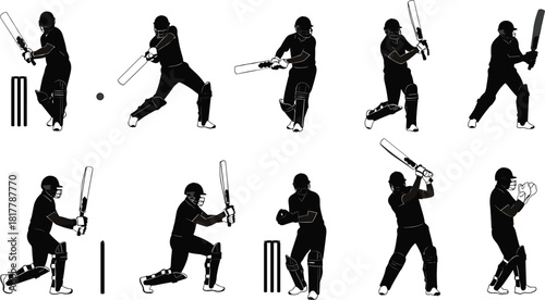 Cricket batsman silhouette vector illustration, sportsman with bat, wicket keeper, black white cricket action pose, professional athlete, isolated cricket scene collection