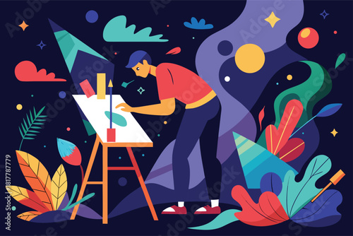 Creative artist paints vibrant abstract scene in studio, expressing imagination and inspiration through art, perfect for design and creative projects now!