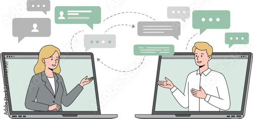 Online business video call between man and woman, virtual meeting communication, remote working discussion on laptop screen with chat bubbles and teamwork concept illustration