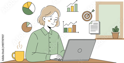 Young woman working remotely on laptop with coffee, charts, graphs, target icon, growth data, business report, freelance productivity, goal tracking, digital workplace scene