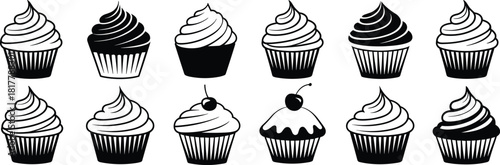Black and white cupcake vector illustrations set, delicious dessert icons with whipped cream, cherries, frosting, isolated on white background for bakery design, food art, sweet treats