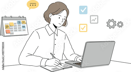 Illustration of woman working on laptop with notebook, calendar, and settings icons, representing productivity, task planning, remote work, time management, and digital organization concept