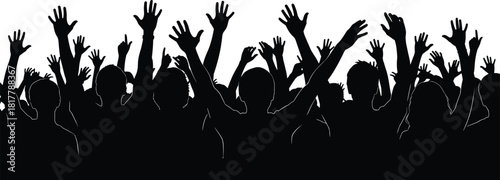 Cheering crowd silhouette with hands and open palms raised high, celebrating music festival, concert, sporting victory, party, freedom, or public event.