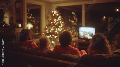 Family Watching Christmas Movie Together in Cozy Living Room