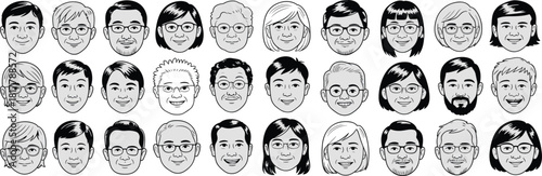 A collection of diverse hand-drawn vector portraits featuring people with glasses in various hairstyles, representing a variety of ages and ethnicities for professional, business, or personal use