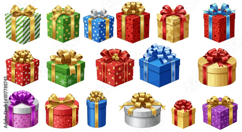 A collection of colorful, wrapped gift boxes with decorative bows, ready for giving.