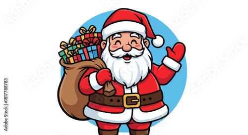 Cheerful Santa Claus with a full sack of gifts, waving hello.