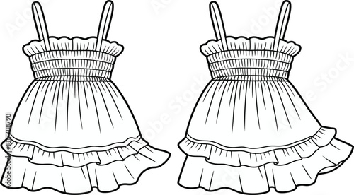 Adorable baby girl dress, summer fashion outfit, shirred bodice design, double ruffle hem, kids wear sketch, CAD flat vector art